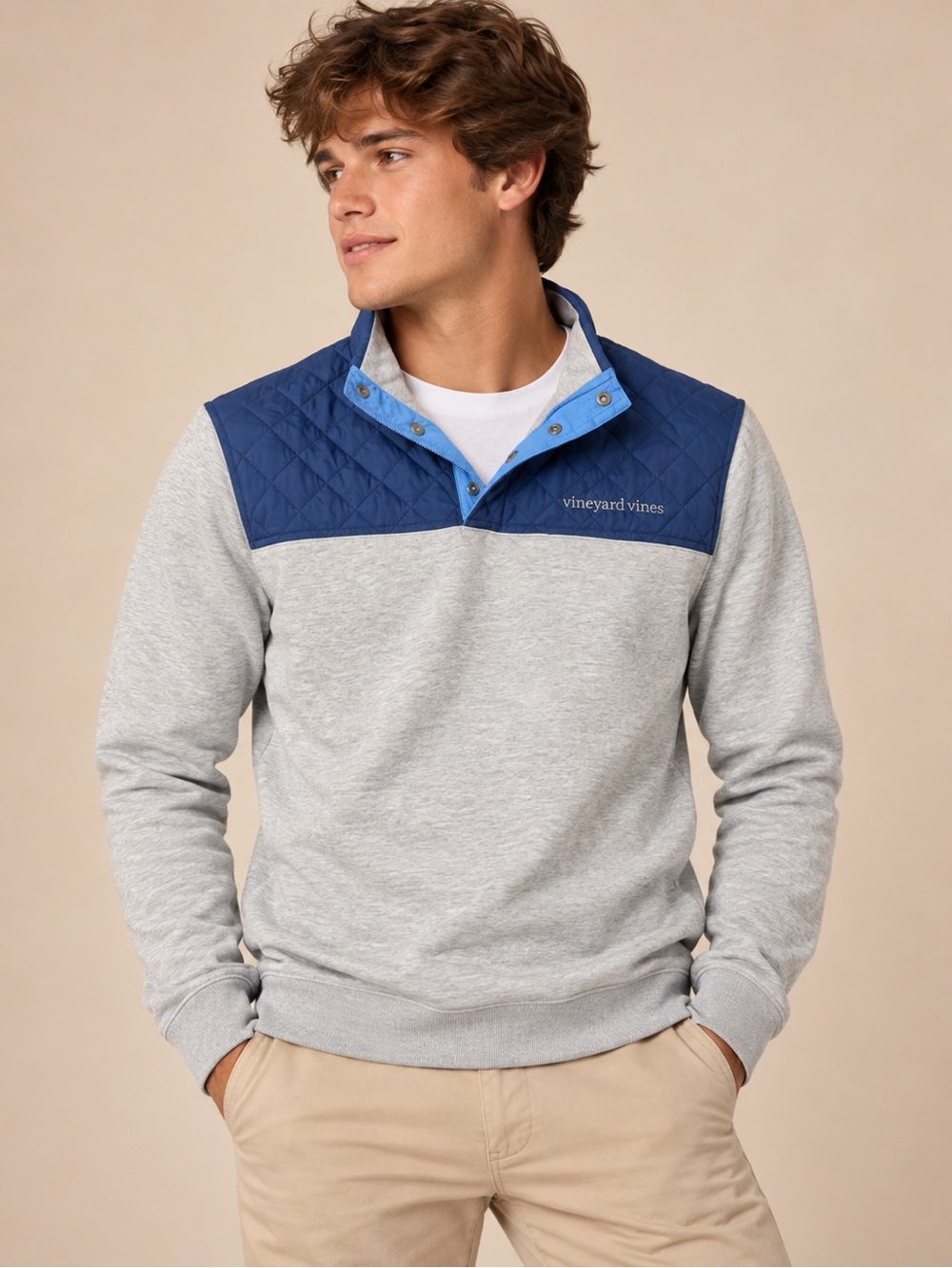 Vineyard Vines Quilted Shoulder Snap Neck Pullover Gray Blue L